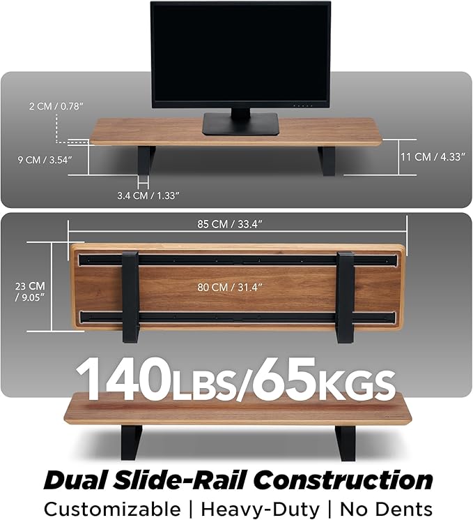 Moodular Wooden Monitor Stand 33.4” (85cm) Desk Organizer with Metal Slide Rails for Drawer, Tray, Laptop, Tablet, Phone & Headphones Customizable Riser for Organized Workspace Walnut MS85-W