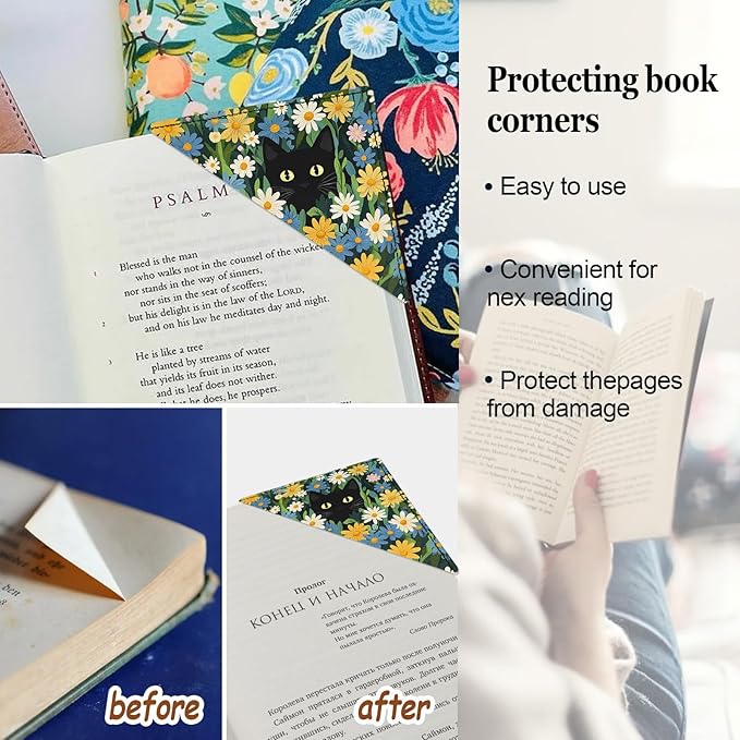 Black Cat Floral Corner Bookmarks 4 Pcs,Cute Funny Leather Bookmark Book Accessories for Book Lovers, Reading Book Page Markers for Women Men Kids Girls Boys Student Teacher Office Stationery