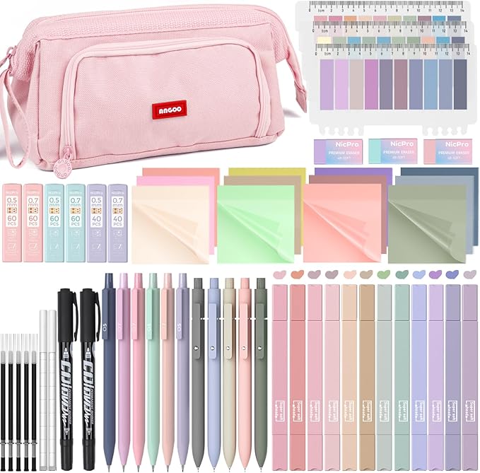 Nicpro 57 PCS Aesthetic Book Annotation Kit with Pen Case, 12 Dual Highlighters, 5 Gel Pens, 6 Mechanical Pencil, 2 Markers 1200PCS Transparent Sticky Notes and Tabs for Bible Study Student Stationary