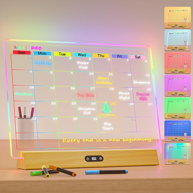 LED Note Board with Colors, Rechargeable 9-Mode Light Up Acrylic Dry Erase Board Calendar, 14"X10" Neon Glow Desk Calendar Monthly Planner for Home/Bedroom/Store/Office/Gift, 7 Markers Natural