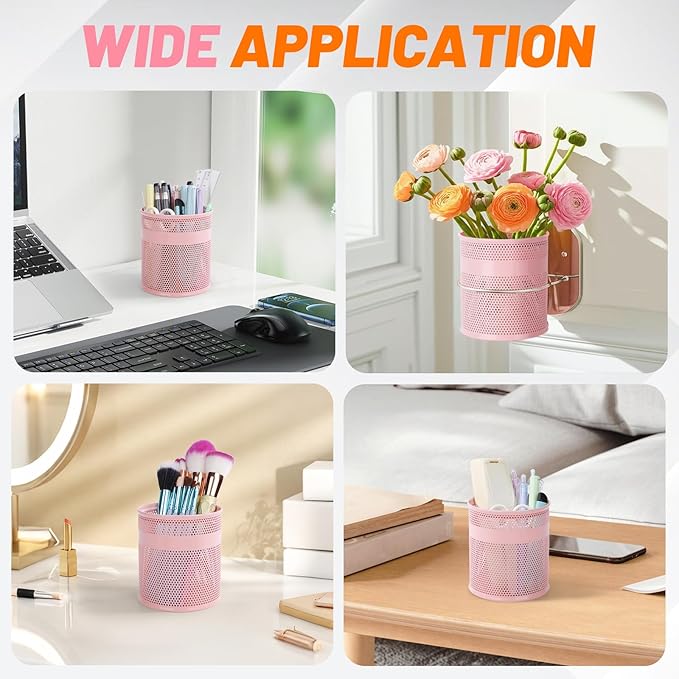 Segarty Pen Cup Holder for Desk, 3 Pack Pink Pencil Holder, 3.9 x 4.2 inch Large Metal Mesh Pen Container Set Desktop Accessories Organizer for Office Supply, School Classroom, Makeup Brush