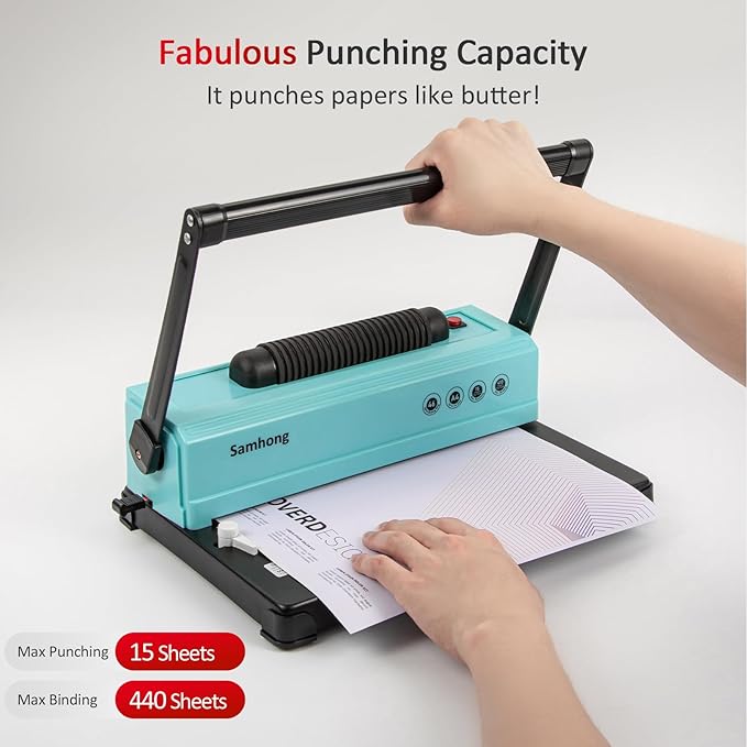 SAMHONG Coil Spiral Binding Machine - Manual Hole Punch - Electric Coil Inserter - Adjustable Side Margin - for Letter Size/A4/A5, Comes with 1 Box 5/16'' Plastic Coil Binding Spines & Plier