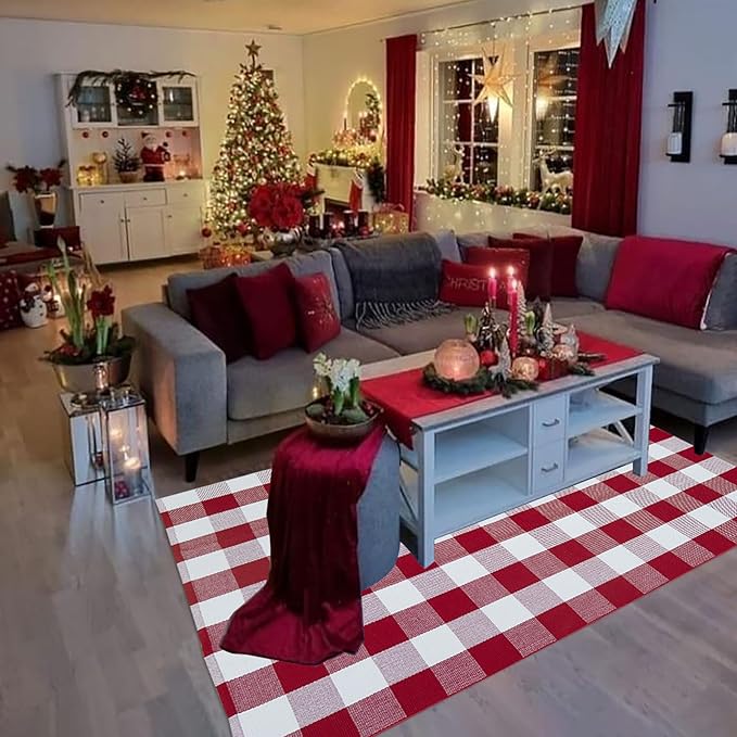 Buffalo Plaid Outdoor Rug, 4' x 6' Red&White Christmas Check Indoor/Outdoor Area Rug, Layering Rug for Hello/Welcome Door Mat, Machine Washable Cotton Woven Rug for Farmhouse Front Porch, Entryway