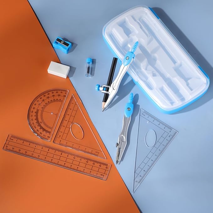 Zonon Math Geometry Set 10 Pcs Student Supplies with Shatterproof Storage Box, Includes Rulers Protractor Compass Pencil Sharpener Lead Refills Eraser Pencil for Drafting and Drawings(Blue)