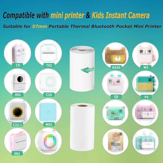 5 Rolls Thermal Paper & 5 Rolls Self-adhesive Stickers for Mini Receipt Printer - White Portable Bluetooth Pocket Printer Paper Refill