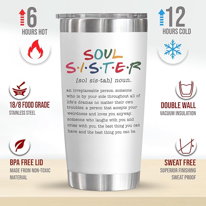 TEEZWONDER Christmas Friendship Gifts for Women - Soul Sister Stainless Steel Insulated Tumbler with Lid 20 oz - Inspirational Birthday Gifts for Friendship Women Friend BFF Work Bestie Coworkers