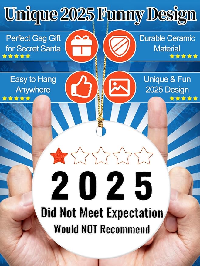 Funny Christmas Ornaments 2025 - Ceramic Hanging Tree Decorations with 1-Star Year Review Design, Gag White Elephant & Secret Santa Gifts Stocking Stuffers for Coworkers, Friends, Families