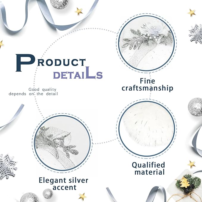 Nature Vibe Set of 4 Faux Fur White Christmas Ornaments Box Pack,Christmas Balls with Silver Accent as Christmas Tree Decorations or Winter Wonderland Decorations