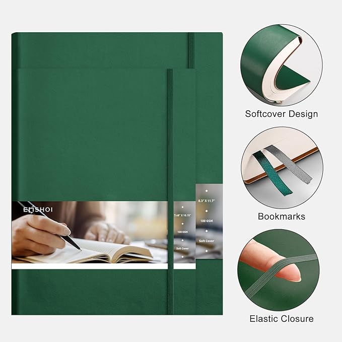 EMSHOI B5 College Ruled Notebook Journal- 400 Pages (200sheets), 7mm Spacing & Vegan Leather Cover for Work, School, Bible Study, Bullet Journaling- with Sticky Notes, Pocket & Pen Holder - Dark Green