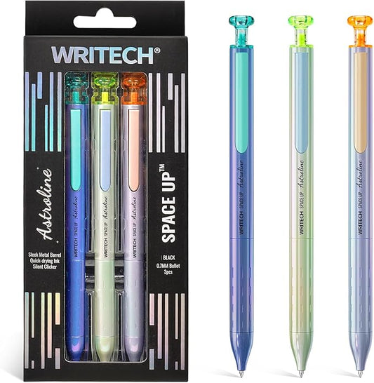 WRITECH Gel Pens Black Ink: Sleek Metal Barrel Pen Fine Point 0.7mm Retractable 3ct No Smear Quick Dry Smooth Writing Silent Clicker Space Up Astroline
