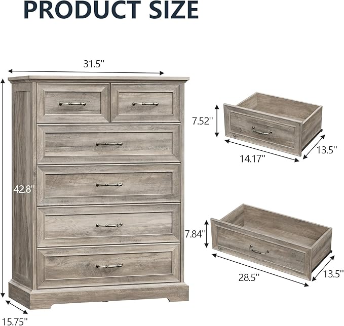 6 Drawer Dresser for Bedroom, 43" Tall Wooden Chest of Drawers, Rustic Farmhouse Dresser with Large Drawers & Metal Handles, Modern Storage Organizer for Closet, Living Room, Hallway, Grey