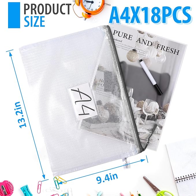18 Pack A4 Mesh Zipper Pouch Bags, Zipper Pouches of Office Supplies, File Bags for Classroom Organization, Puzzles, Board Game Storage