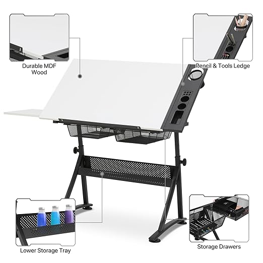 MoNiBloom Art Deco Drafting Table, Height-Adjustable, Tiltable Tabletop, Stool for Reading Writing Painting, Homeschooling Desk for Children with 2 Storage Drawers