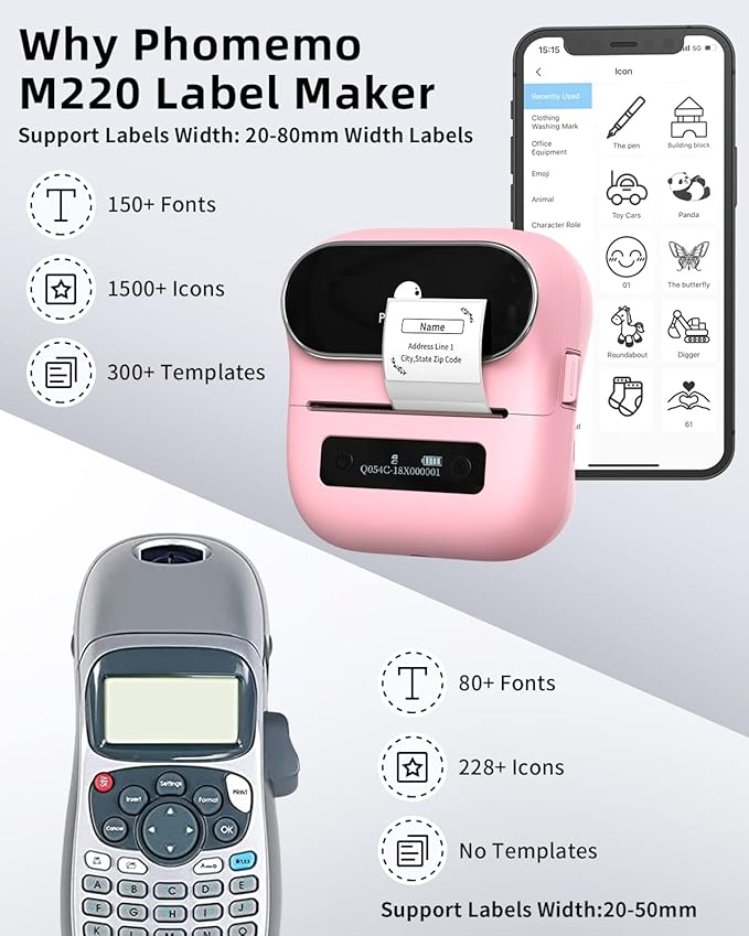 Phomemo M220 Bluetooth Label Maker Machine,Label Printer for Small Business, Office, Home & School, Portable Label Maker with 200+ Templates,100+ Fonts,1000+ Icons, Compatible with Phone, PC