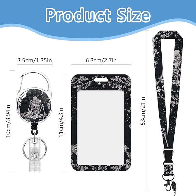 Lanyards with Id Holder,Skull ID Badge Holder with Retractable Lanyard, ID Holder with Badge Reel Clips, Name Tag ID Card Holder Teacher Women Doctor Office Gift
