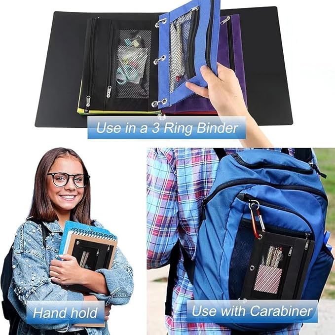 Multipurpose Binder Pencil Pouch 3 Ring Binder Pencil Bag with Clear Window – 24 Pack, Durable Oxford Fabric, 8 Assorted Colors