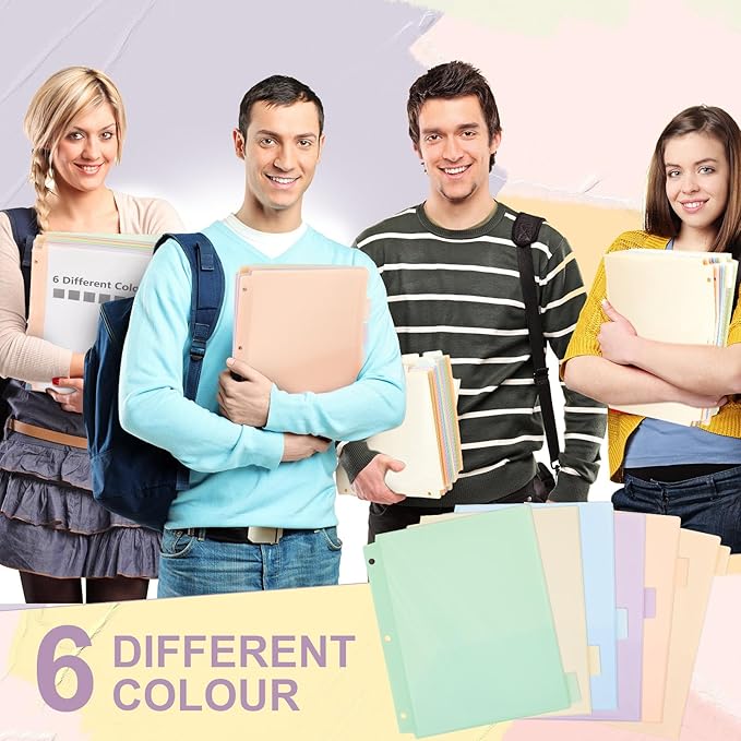 Honoson 30 Pcs Plastic Folders with Clear Front Pocket 3 Hole Punched Folders for 3 Ring Binder 1/6 Cut Tabs for Office Classroom (Macaron Colors)