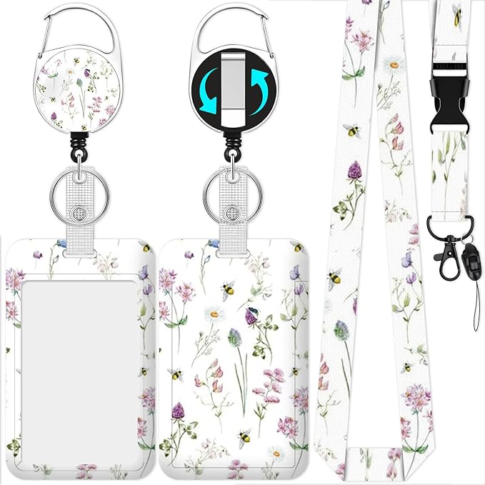 Flowers Badge Holder Reel Lanyard,ID Card Badge Holder Retractable Name Tag Clips for Doctor Nurse Teacher Office Student