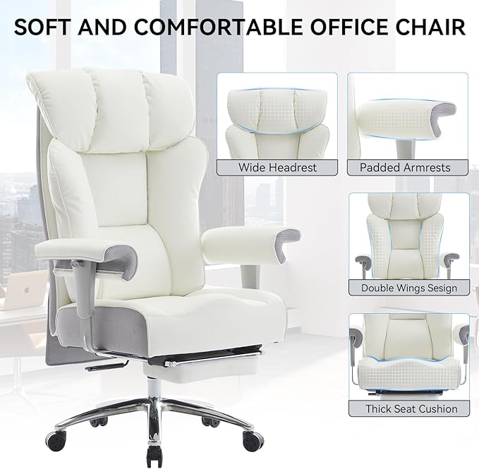 Efomao Big and Tall Office Chair 450LBS with Foot Rest, High Back PU Leather Executive Office Chair with Adjustable Padded Armrests, Lumbar Support for Home or Work, Heavy Duty Computer Chair, White