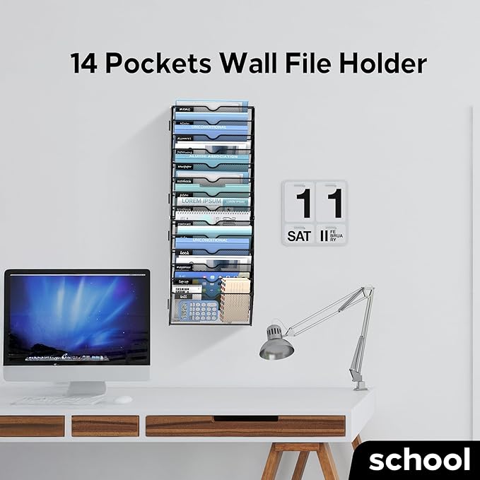 14 Tier Wall Hanging File Organizer, Paper Folder Holder Wall Mounted, Metal Mail Sorter for Office Home School, Black 2 Pack