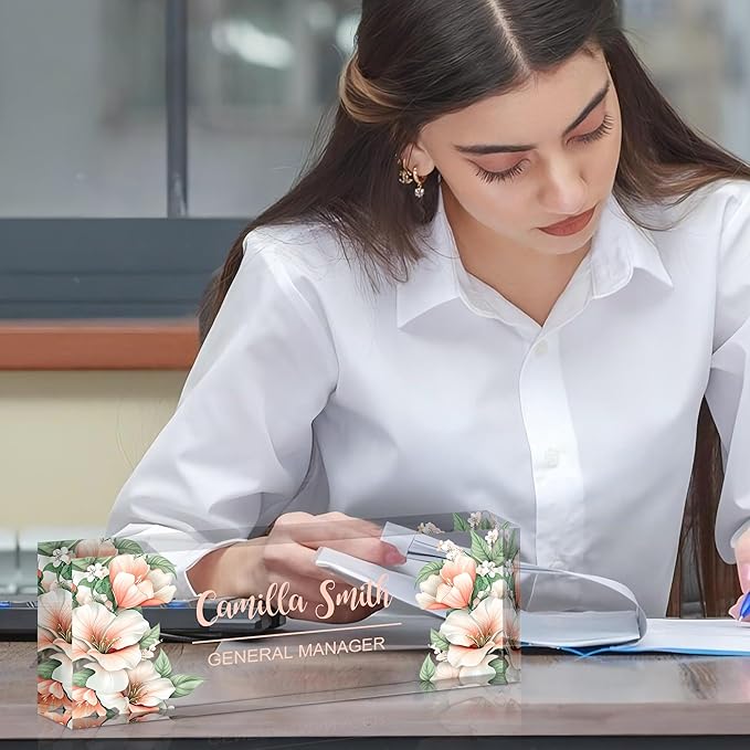 Ship Next Day Personalized Name Plate for Desk, Custom Acrylic Desk Name Sign, Office Appreciation Gifts for Women Men Coworkers Boss Teacher Employee (Flower-Lily)