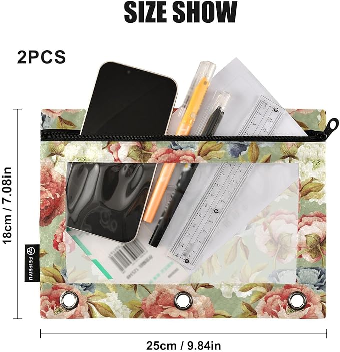 ALAZA Pencil Pouch for 3 Ring Binder, Retro Peony Floral Binder Pencil Pouches with Clear Window Zipper Pencil Case Cosmetic Bags for Office College Supplies, 2PCS