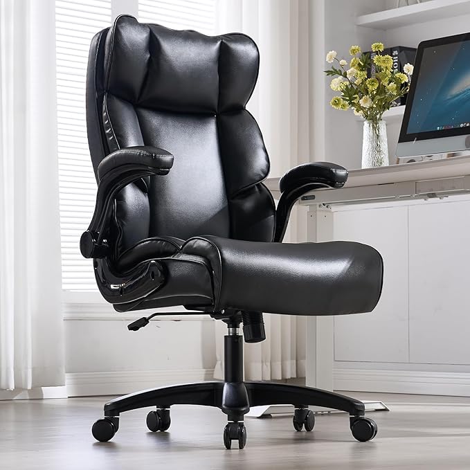 Big and Tall Office Chair 500lbs Wide Seat Executive Office Desk Chair High-Back Office Task Chair with Flip-Up Armrest, Ergonomic Lumbar Support Computer Office Chairs for Heavy People(Black)
