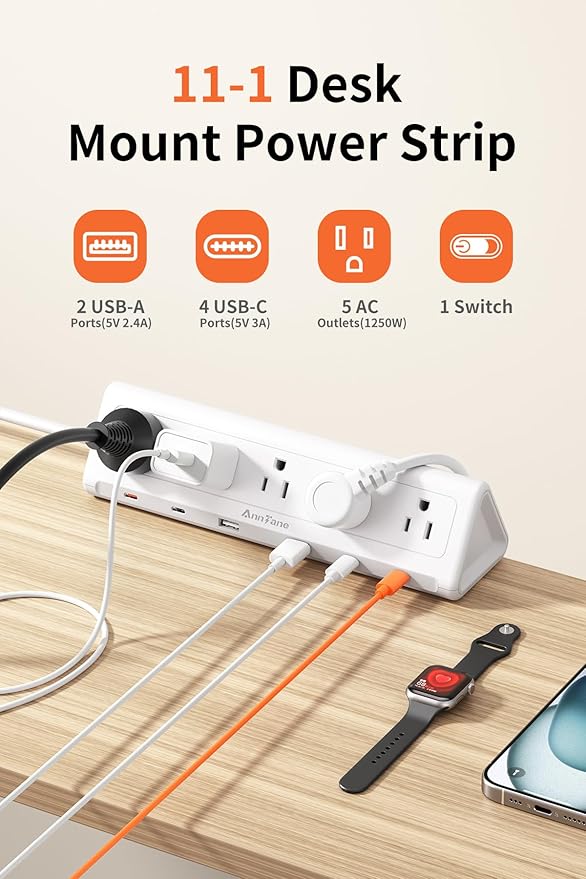 10 FT Desk Clamp Power Strip with 5 AC Outlets & 6 USB Ports PD 40W USB-C Fast Charging, 1250J Surge Protector, Fits 2.6 in top Edge White