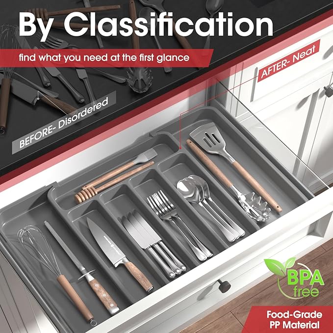Aujen Silverware Organizer - Expandable Kitchen Drawer Organizer, Adjustable Utensil Organizer, Cutlery Tray for Forks, Knives, Multipurpose Kitchen Organizers and Storage Solution, Grey, Medium