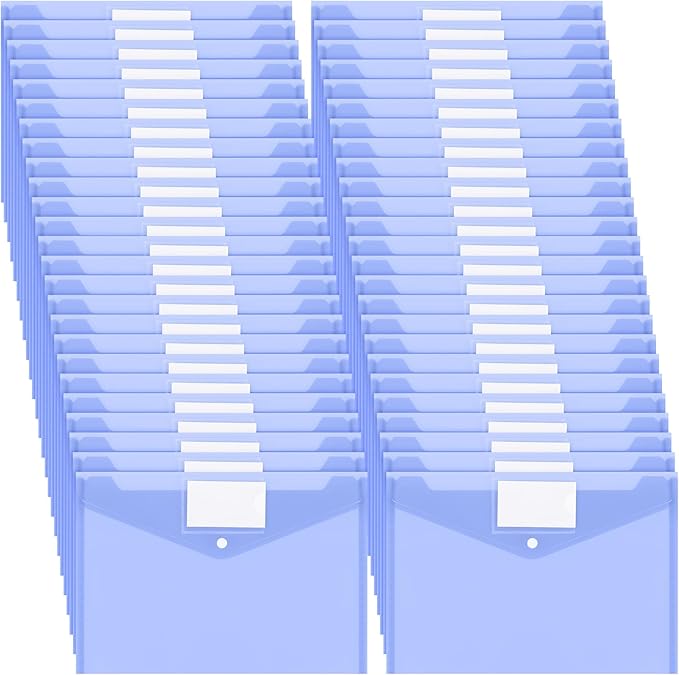 Yeaqee 50 Pcs Plastic Envelopes Poly Envelopes File Folders with Snap Button Closure Clear Folders for Documents US Letter A4 Size Filing Holder with Label Pocket for Home Office School(Blue)