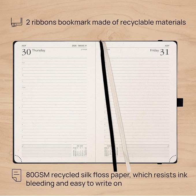 POPRUN 2026 Recycled Daily Planner 12 Months (A5 Medium Size 5.75'' x 8.5'') - One Page Per Day Calendar Hourly Appointment Book with Italian Regenrated Leather, Monthly Tabs, Pocket - Desert Brown