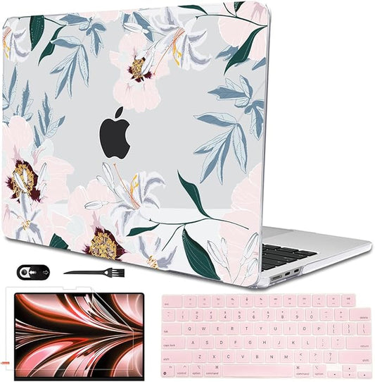 for New MacBook Air 13.6 inch Case 2025 M4 A3240 Cover, Printed Pattern Plastic Hard Shell Case Keyboard Skin for M2 M3 Mac Air 13.6 2024 2023 2022 A2681 A3113, Pink Peonies & Lilies