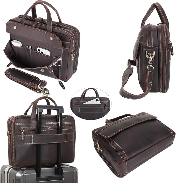Masa Kawa Leather Briefcase for Men 15.6" - 17" Laptop Computer Case Business Travel Work Messenger Cross Body Shoulder Bag