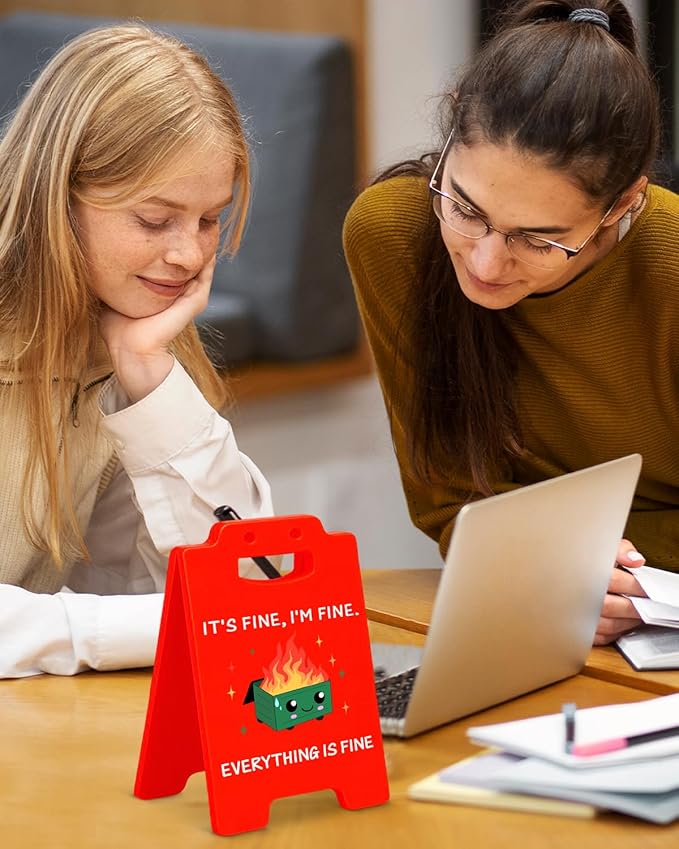 Dumpster Fire Desk Accessories Desk Signs - Funny Office Gifts for Coworkers, Cute Dumpster Fire Gifts, I'm Fine Everything is Fine Office Decor for Women Men