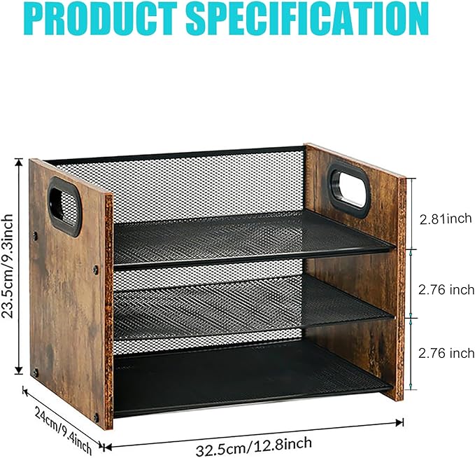 Wood Desk Organizer - 3-Tier Desktop File Organizer, Wooden Paper Tray, Office Desk Organzier and Accessories for Papers, Mail, Notebooks, Stationery