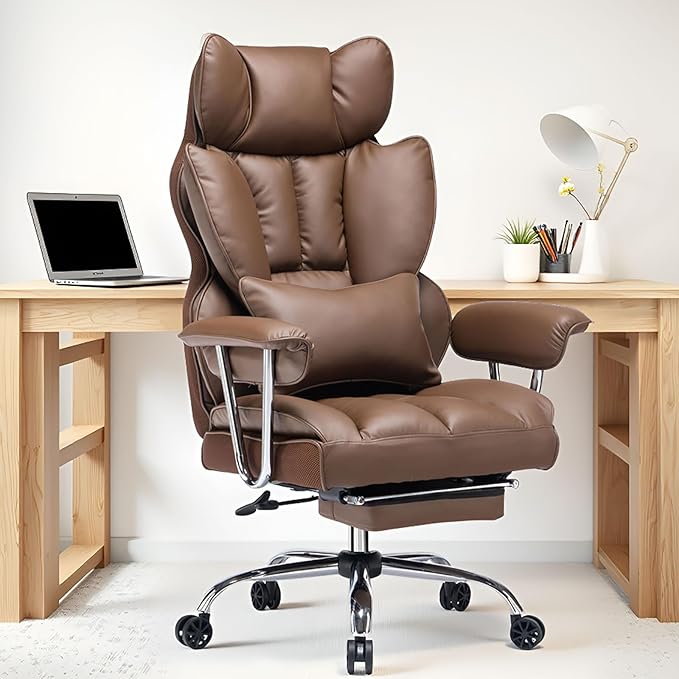 Efomao Big and Tall Office Chair 400lbs – High Back PU Leather Executive Chair with Lumbar Support, Footrest, Swivel Base, Padded Armrests, and Rolling Wheels for Home Office, Brown Computer Chair