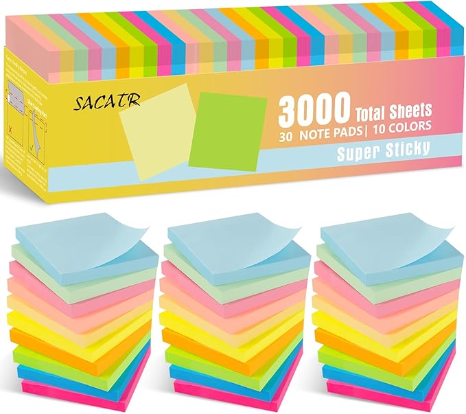 SACATR 30 Pads Sticky Notes, Sticky Note Pads 3x3 inches, 10 Bright Color Sticky Notes,Self-Stick Note Pads, Perfect for Office Home School(100 Sheet/Pad)
