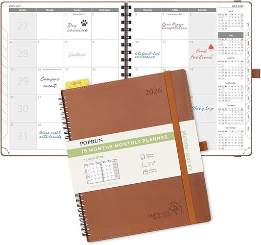 POPRUN Monthly Planner 2025-2026 Spiral Bound (8.5'' x 10.5'') 18 Months Calendar (Jul 2025 - Dec 2026) - 4 Pages per Month with Monthly Expense & Notes, Sunday Start, Leather Cover - Brown
