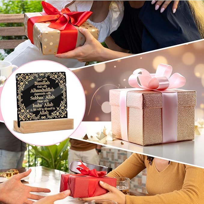 Islamic Acrylic Sign Decor Eid Ramadan Mubarak Table Decor Start and End with Allah Appreciate Hope with Allah Acrylic Plaque Arabic Ramadan Tree Decoration Shelf Cubicle Desktop Art Decoration Black