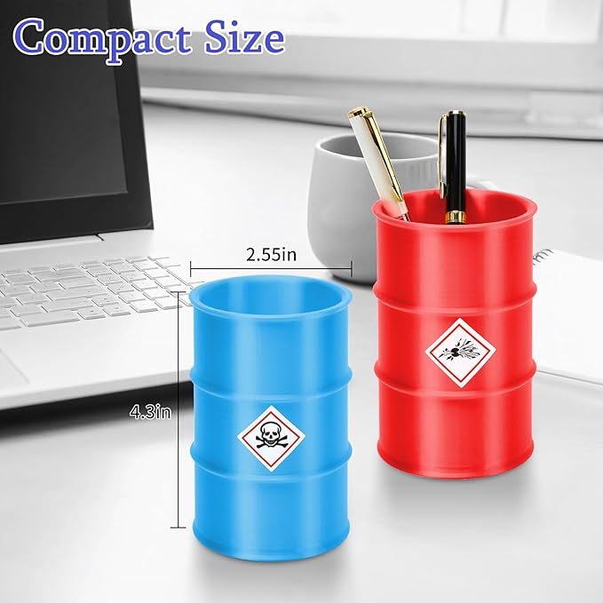 2 Pack Pen Holder for Desk, Creative Industrial Drum Barrel Pencil Holder, Cute Pencil Cup with 8 Fun Stickers, Chic Office Decor Desk Organizer- Blue & Red