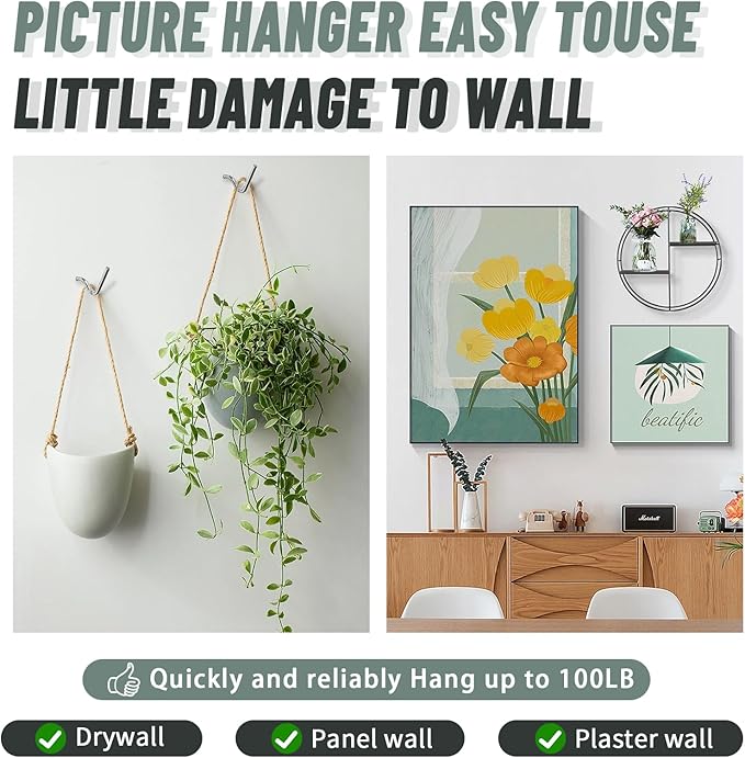 20pcs Super Hook Picture Hangers and Office Pack, Drywall Hooks for Hanging Pictures, Wall Hooks, Picture Hangers, Picture Hanging Kit，Hang Art, Clock, Shelves, Mirrors