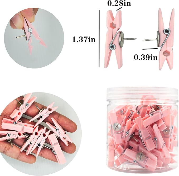60 Pcs Push Pin Clips Decorative Push Pins with Clips Bulletin Board Clips Pushpins Thumbtacks Cork Board Pushpins Pink Craft Paper Clips for Arts Cubicle Panel Wall Fabric Panels Offices Projects
