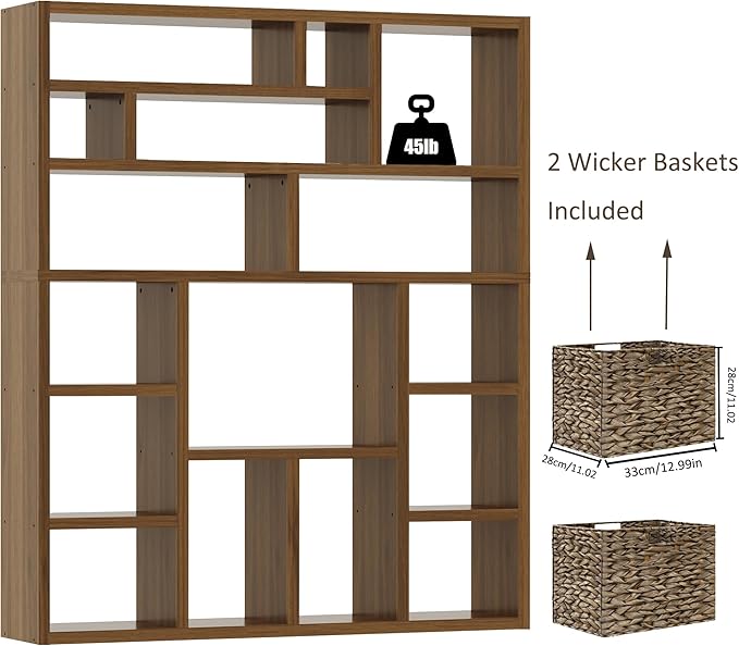 BLANKSPACE 71'' H 6-Tier Large Bookcase, Heavy Duty Storage Shelf - Freestanding Organizer for Bedroom 2 Woven Baskets, Home Office, Living Room, Brown Walnut