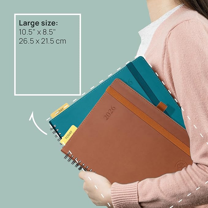 POPRUN Monthly Planner 2025-2026 Spiral Bound (8.5'' x 10.5'') 18 Months Calendar (Jul 2025 - Dec 2026) - 4 Pages per Month with Monthly Expense & Notes, Sunday Start, Leather Cover - Grey