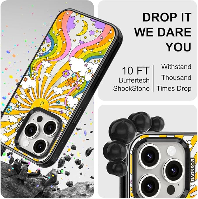MOSNOVO Magnetic Case for iPhone 15 Pro, 10ft Military-Grade Protection, Compatible with Magsafe, Shockproof Phone Case for iPhone 15 Pro - 70's Psychedelic Groovy Art - Clear Black