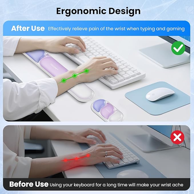 TECKNET Silicone Gel Wrist Rest for Computer Keyboard, Ergonomic Clear Gel Keyboard Wrist Rest Set for Typing Pain Relief, Comfortable Cool-Touch Wrist Support Pad for Office, Gaming, Study, Purple