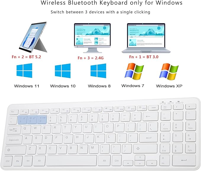 Wireless Bluetooth Keyboard, Universal Multi-Device Keyboard with Number Pad and Media Hotkeys, USB + Dual BT Connection, Ergonomic Design Slim for Windows Computer/Laptop/Tablet
