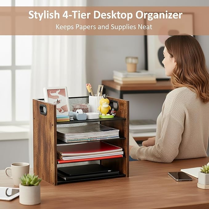 Wood Desk Organizer - 4-Tier Desktop File Organizer, Wooden Paper Organizer, Office Desk Organizer for Papers, Mail, Notebooks, Stationery
