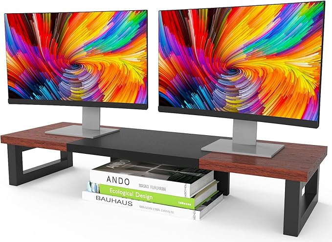 WESTREE Dual Monitor Stand Riser, Wood and Steel Monitor Stand Riser, Computer Monitor Stand for 2 Monitors, Multi-Purpose Desktop Storage Stand for Computer,Laptop,Printer,TV