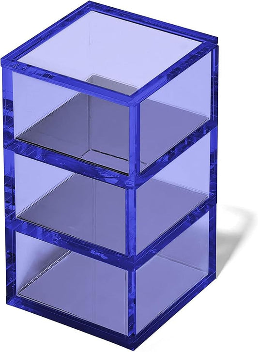 OfficeGoods 3-Tier Stackable Acrylic Holder- Stylish Desk Organizer and Storage for Office or Home – Transparent Square Design, Blue with Silver Metal Base